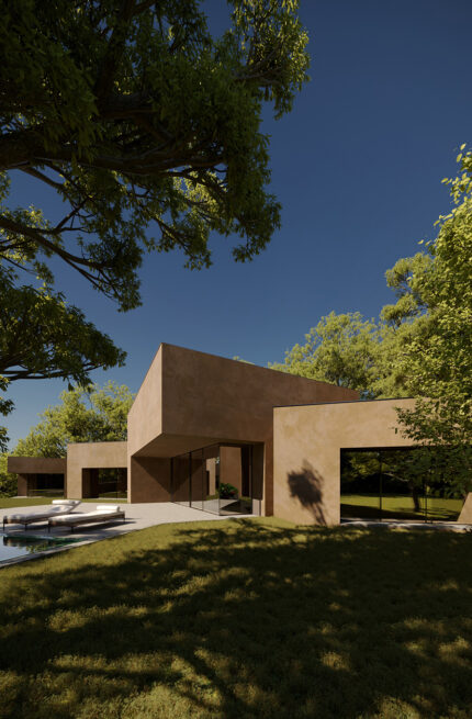 Outeiro House, Paredes: low render of the house corner rising above the lawn, with a pool and loungers to the side