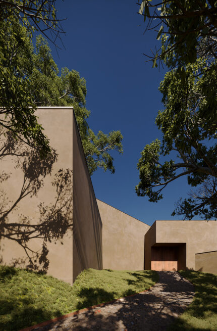 Outeiro House, Paredes: render of a tall earth-toned wall receding toward the entrance, framed by trees and a blue sky