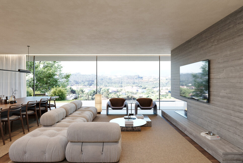 RT House, Penafiel: living room render with low sofas and a television wall, open to the landscape through glass