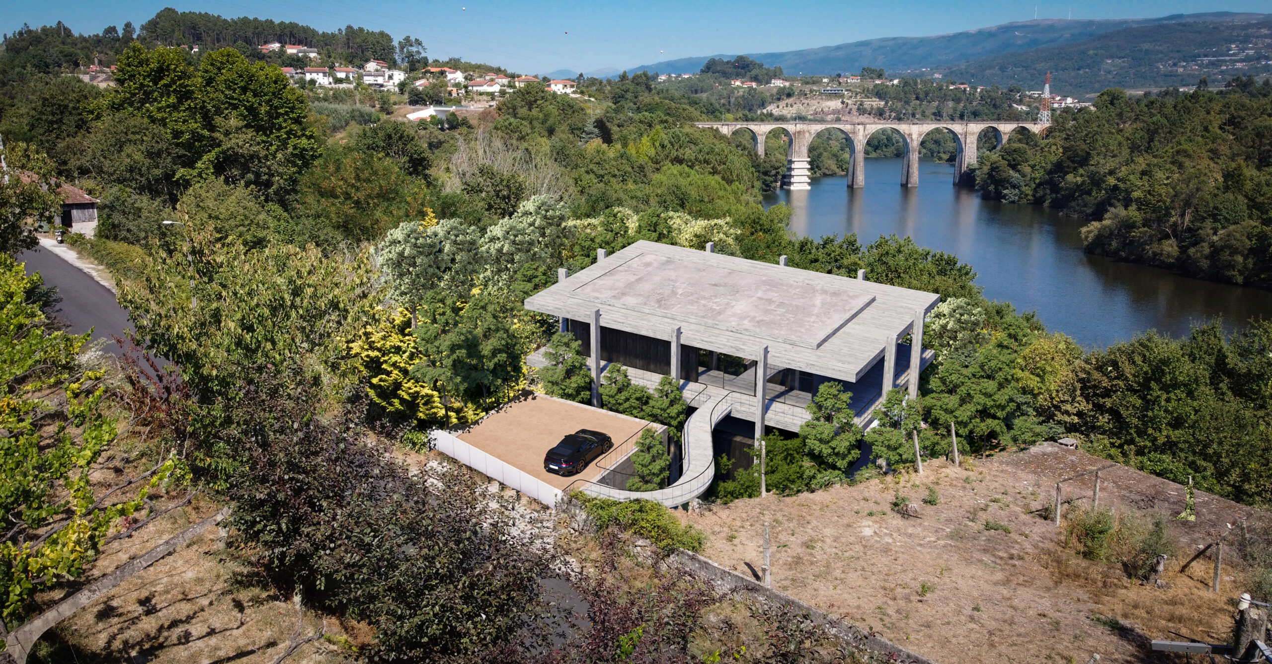 Aerial render of CC House in Marco de Canaveses on a wooded slope above a river and an arched bridge