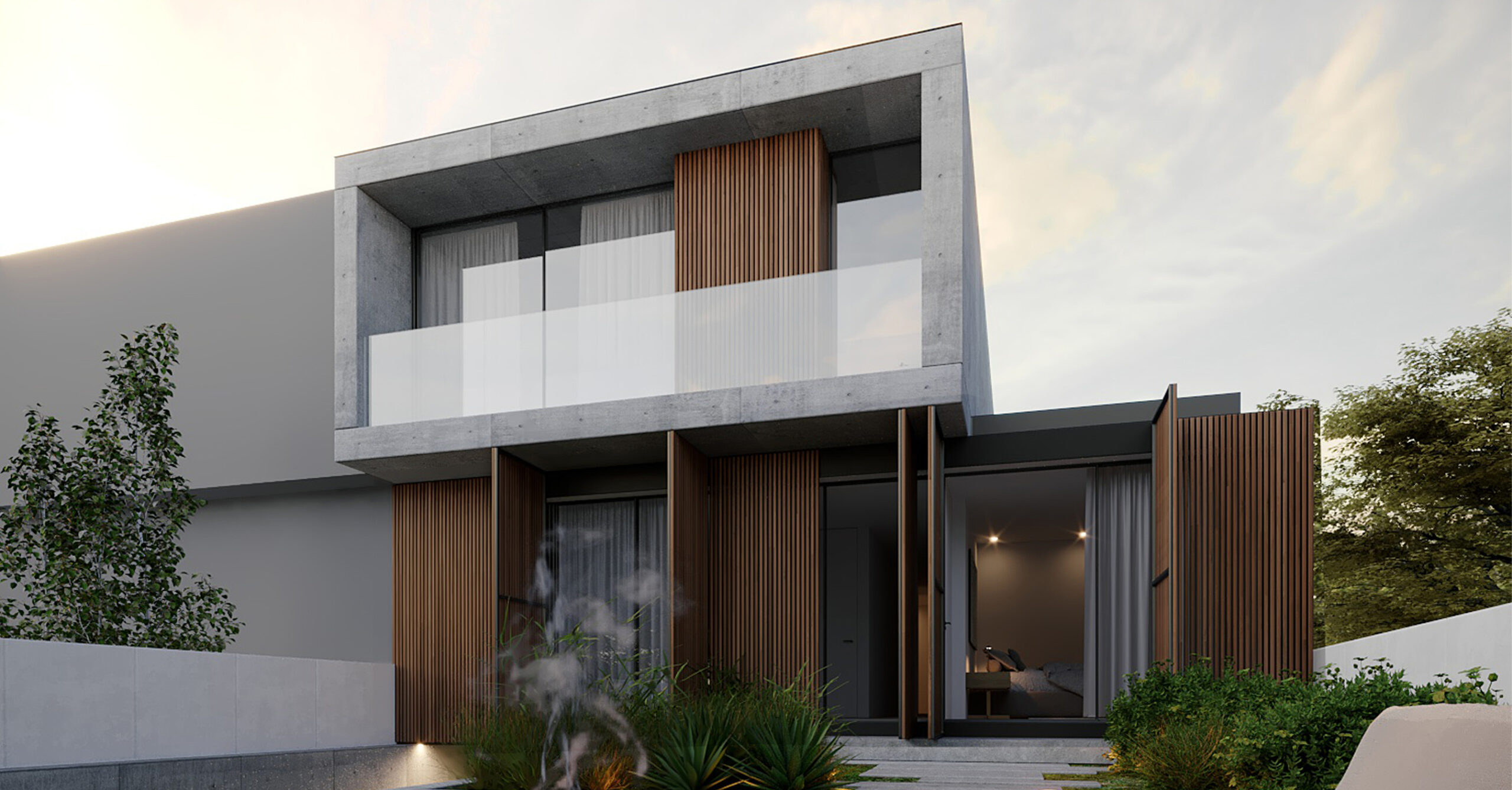 Render of Chieiras House in Vila Nova de Gaia in Canidelo, Gaia: a grey upper volume with glass balcony above wood-clad walls