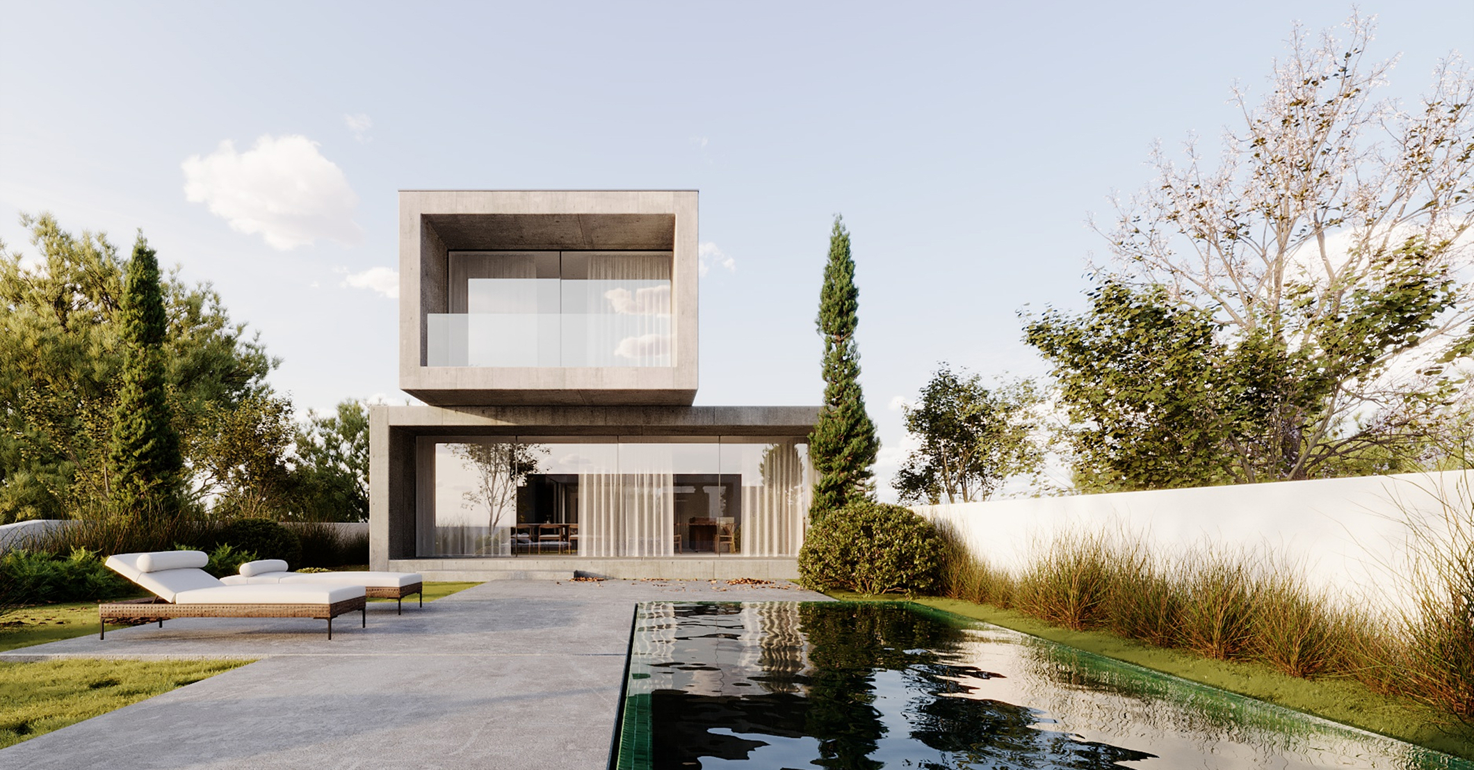 Render of Paranhos House in Porto, a grey cantilevered box over a glazed ground floor beside a dark pool