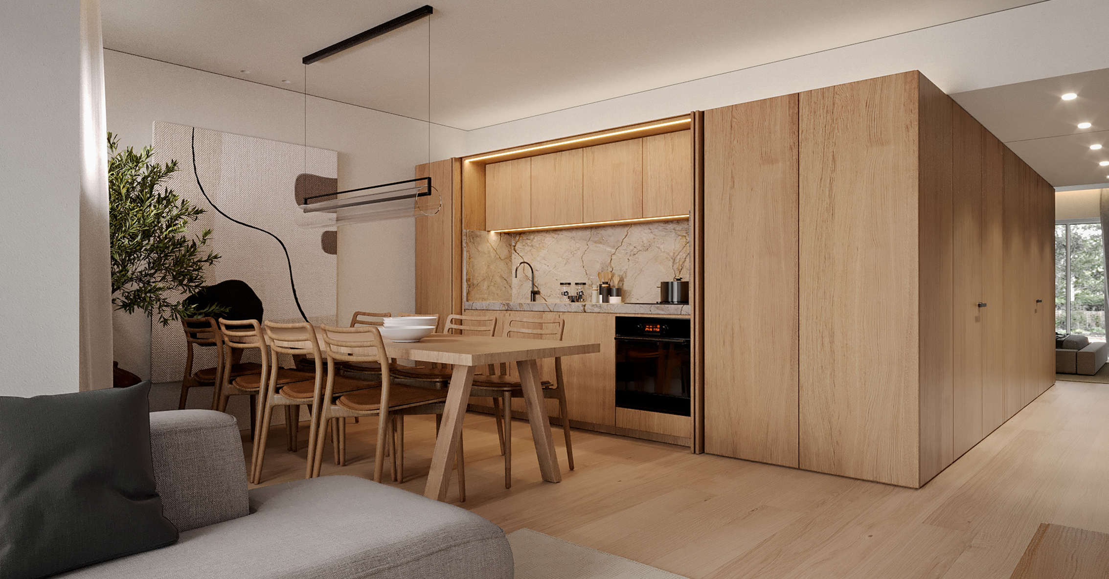 Render of Moledo Apartment in Viana do Castelo: dining table beside a panelled volume and kitchen