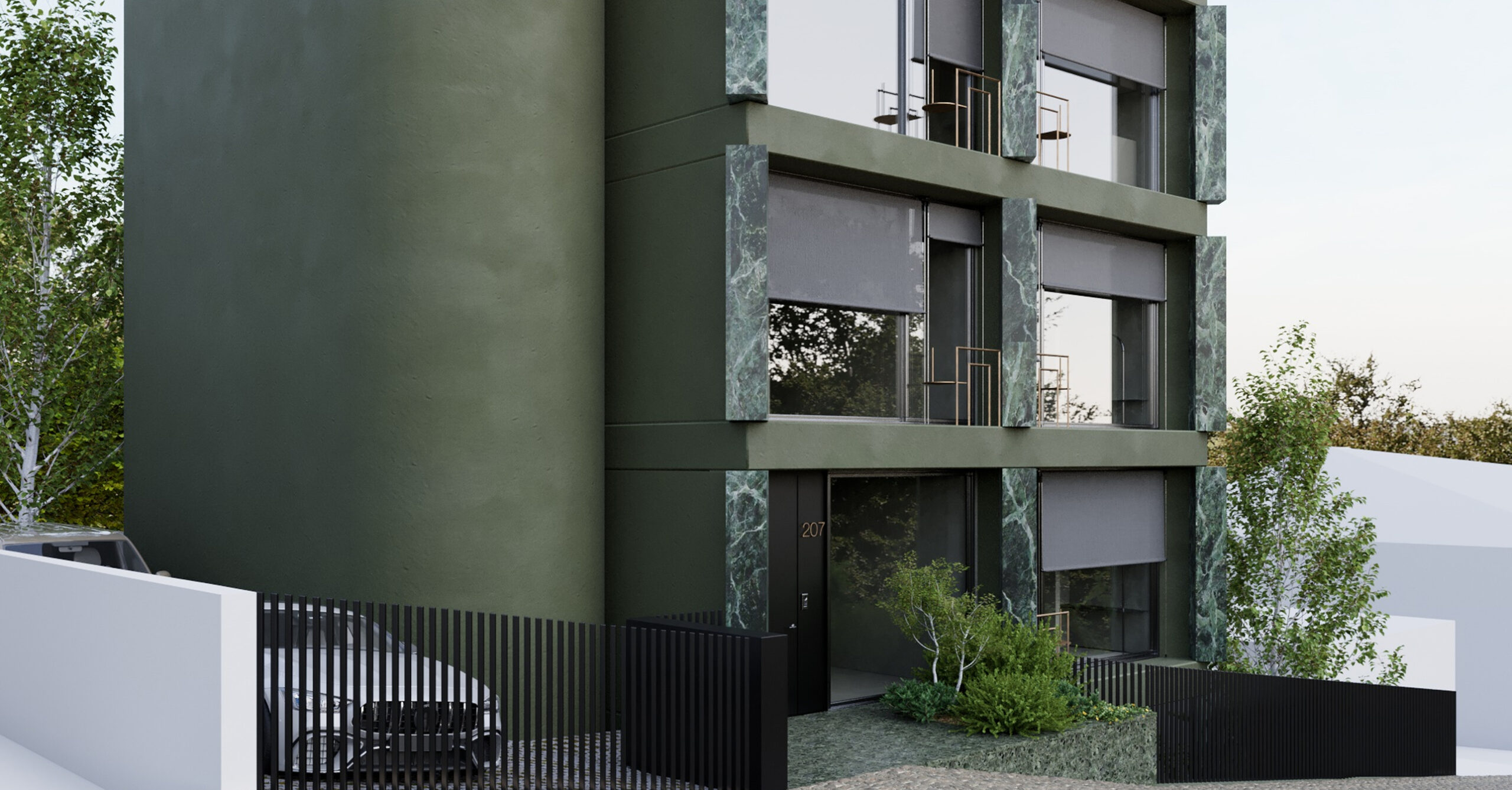 Render of Guest House 207 in Paredes, a dark green building with a rounded corner tower and framed balconies