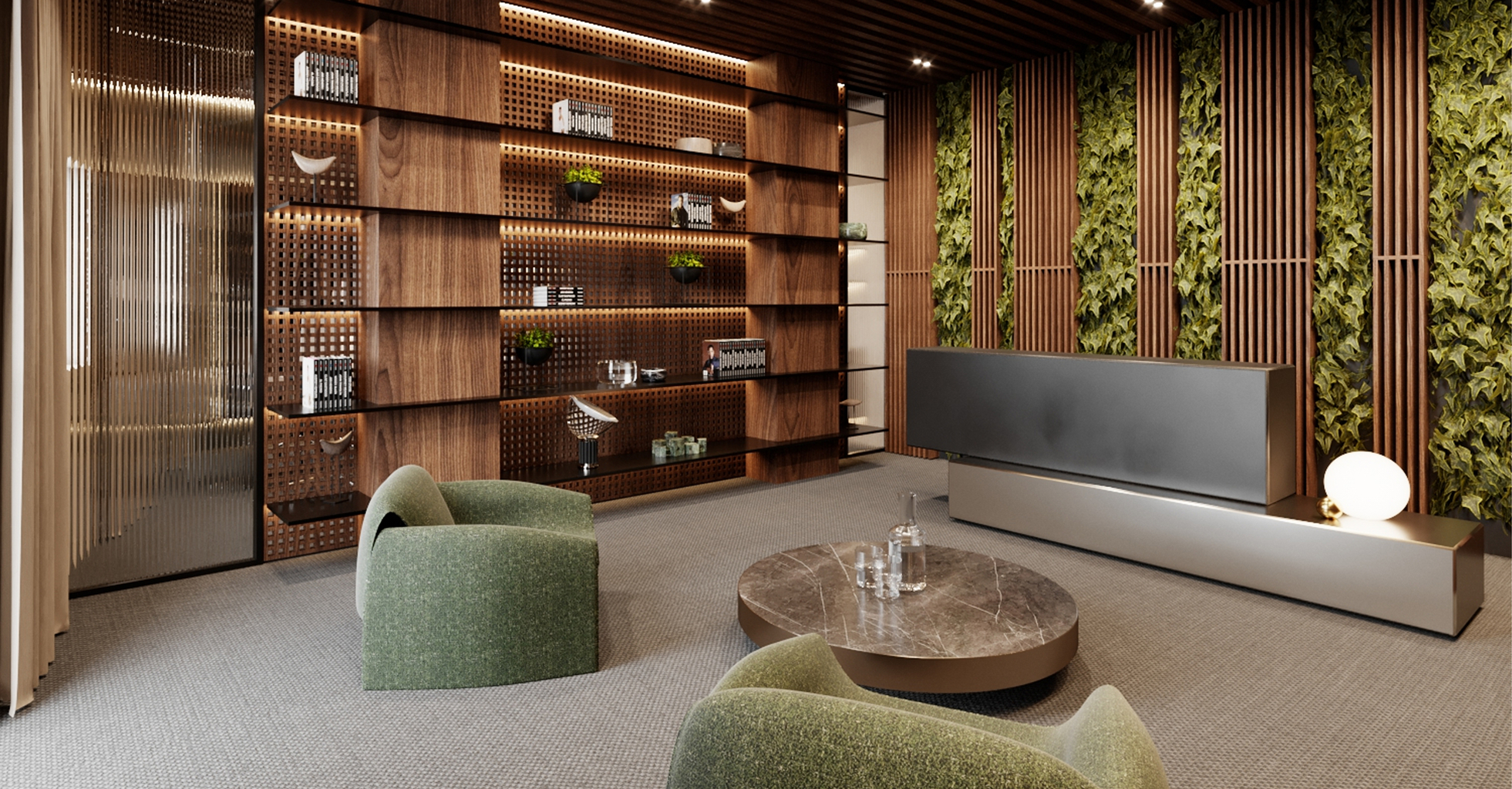Render of the 23LCC interior in Vila Nova de Gaia: lounge with green armchairs, shelving and a planted wall
