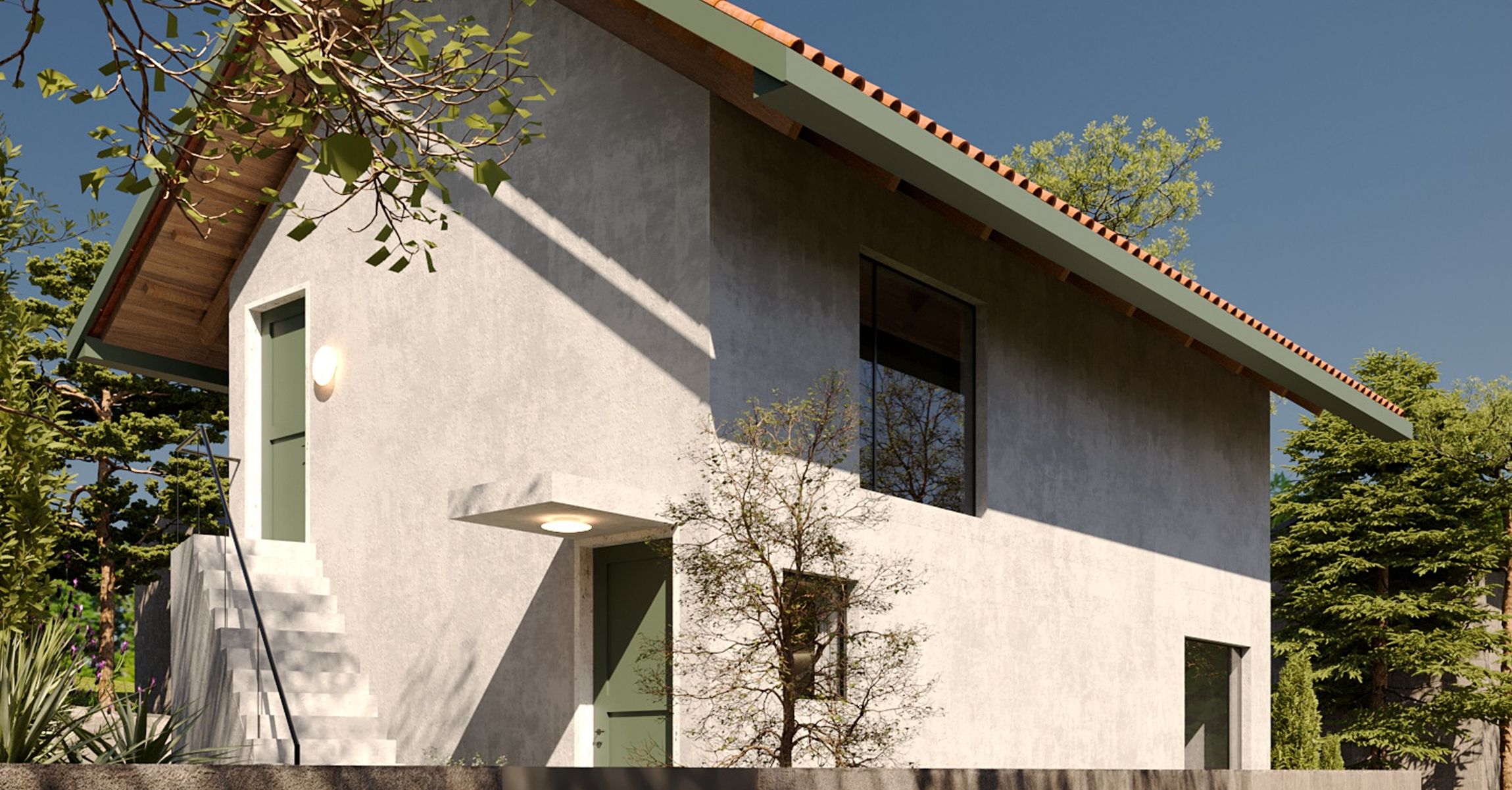 Render of Nogueira Rural Tourism in Lousada, a white two-storey house with a pitched roof among trees