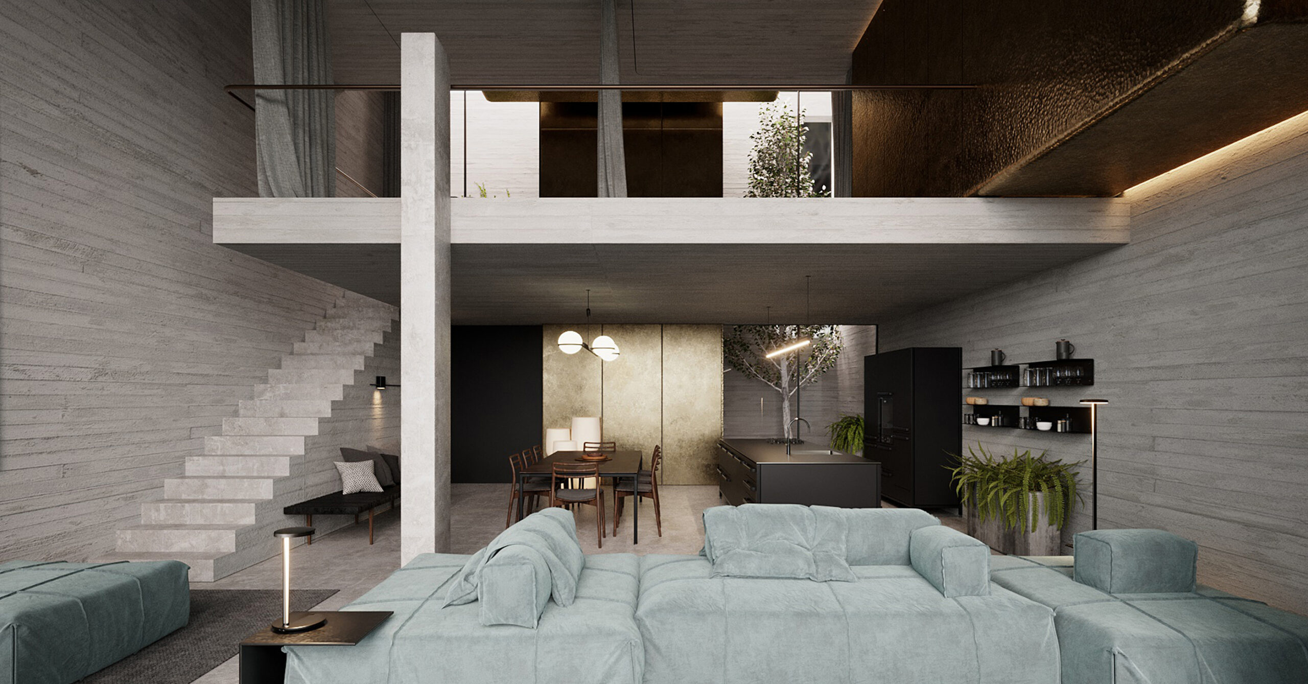Render of Areal House in Lavra, Matosinhos: double-height living room with a mezzanine and a pale blue sofa