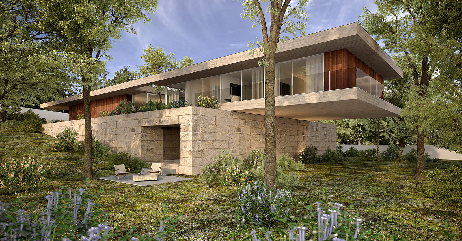Render of Fafe House, a long cantilevered upper floor over a light-coloured stone-clad base among trees