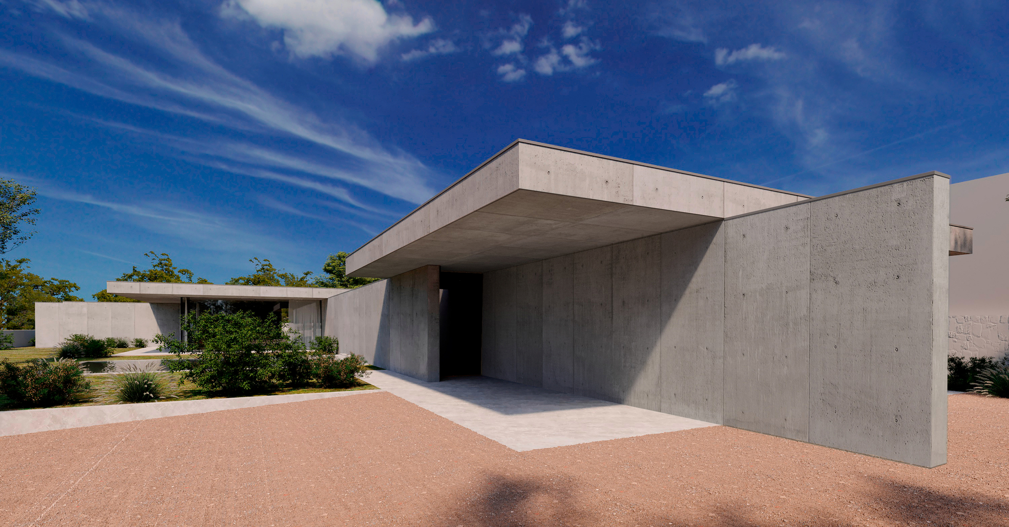 Render of FH House in Esmoriz: a grey flat roof cantilevered over the entrance beside a tall wall