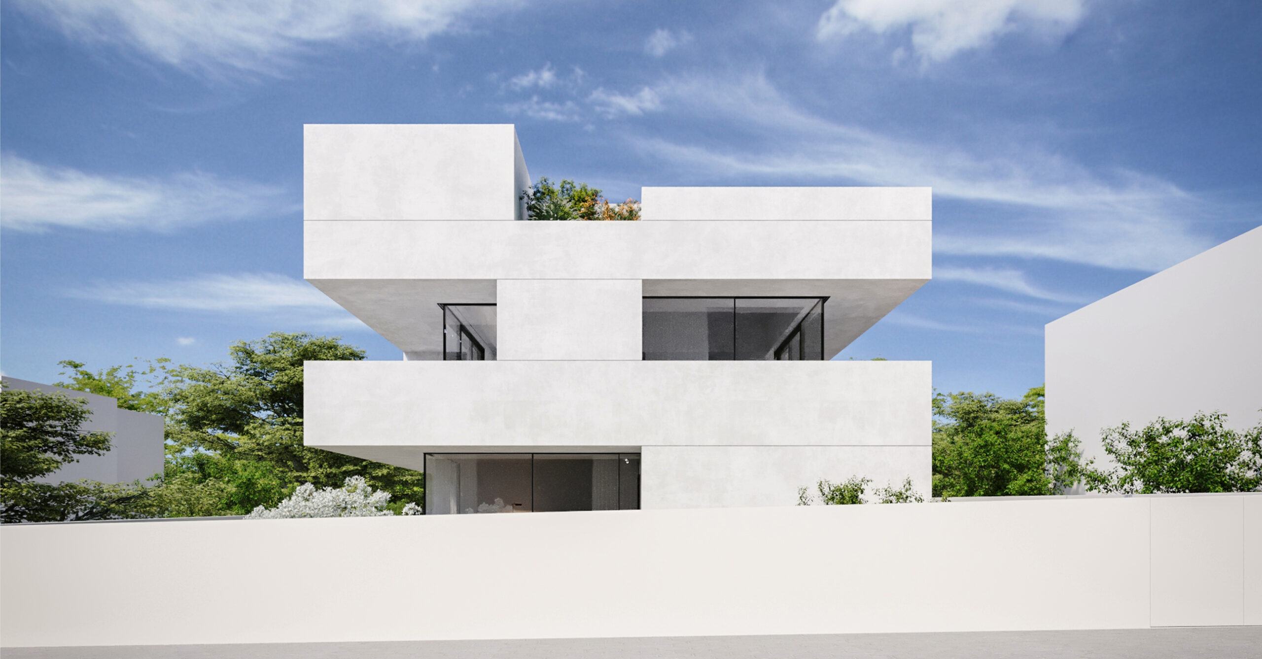 Render of ST House in Santo Tirso, white stacked volumes above a low boundary wall and planting