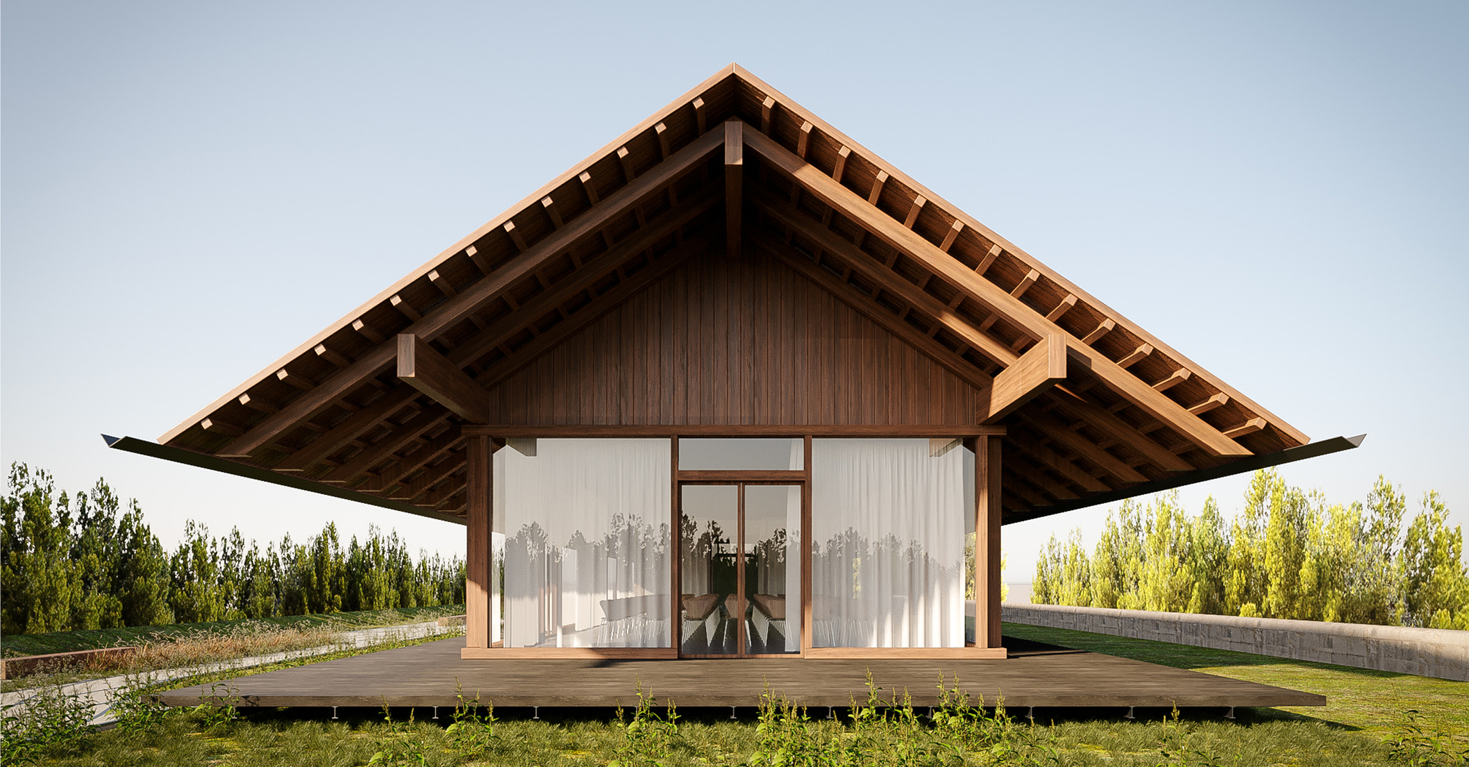 Render of Amarante Train Station: the gable end of a pitched-roof shed with exposed rafters and glazing