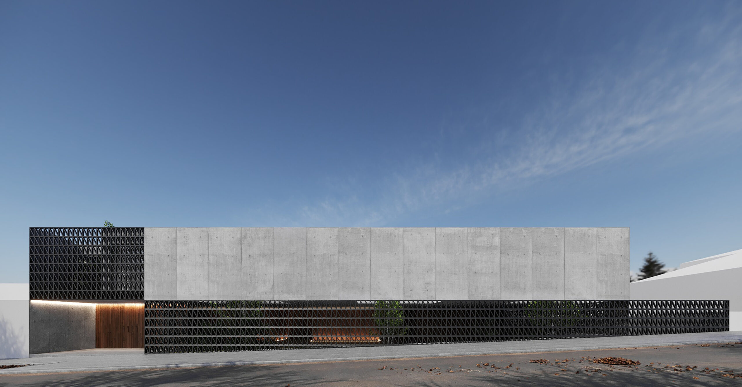 Render of HU1950 in Vila Nova de Gaia, a long grey volume with a dark perforated screen along the street