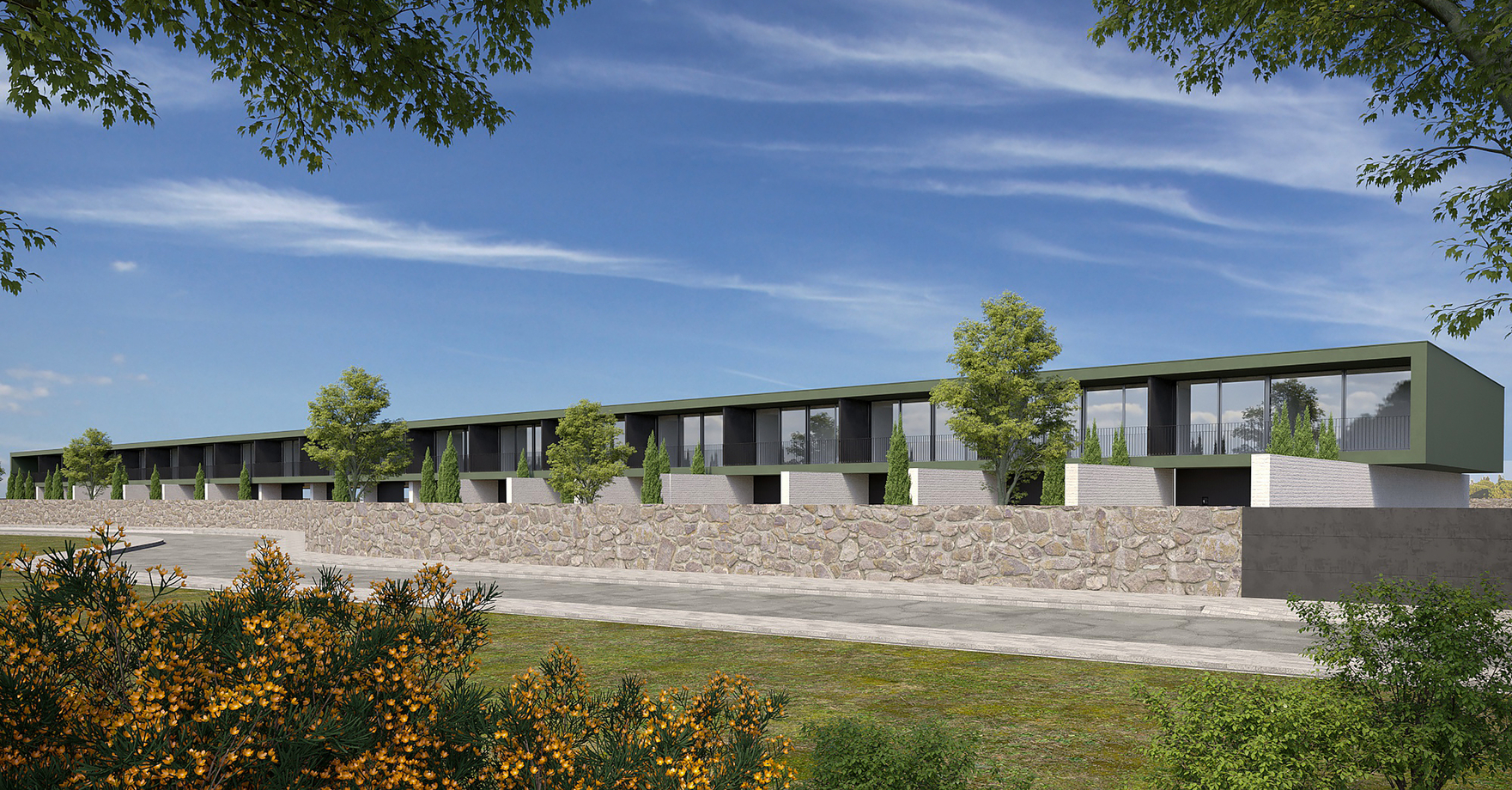 Render of the Vila do Conde Houses: a long terrace of two-storey homes beyond a low wall and meadow