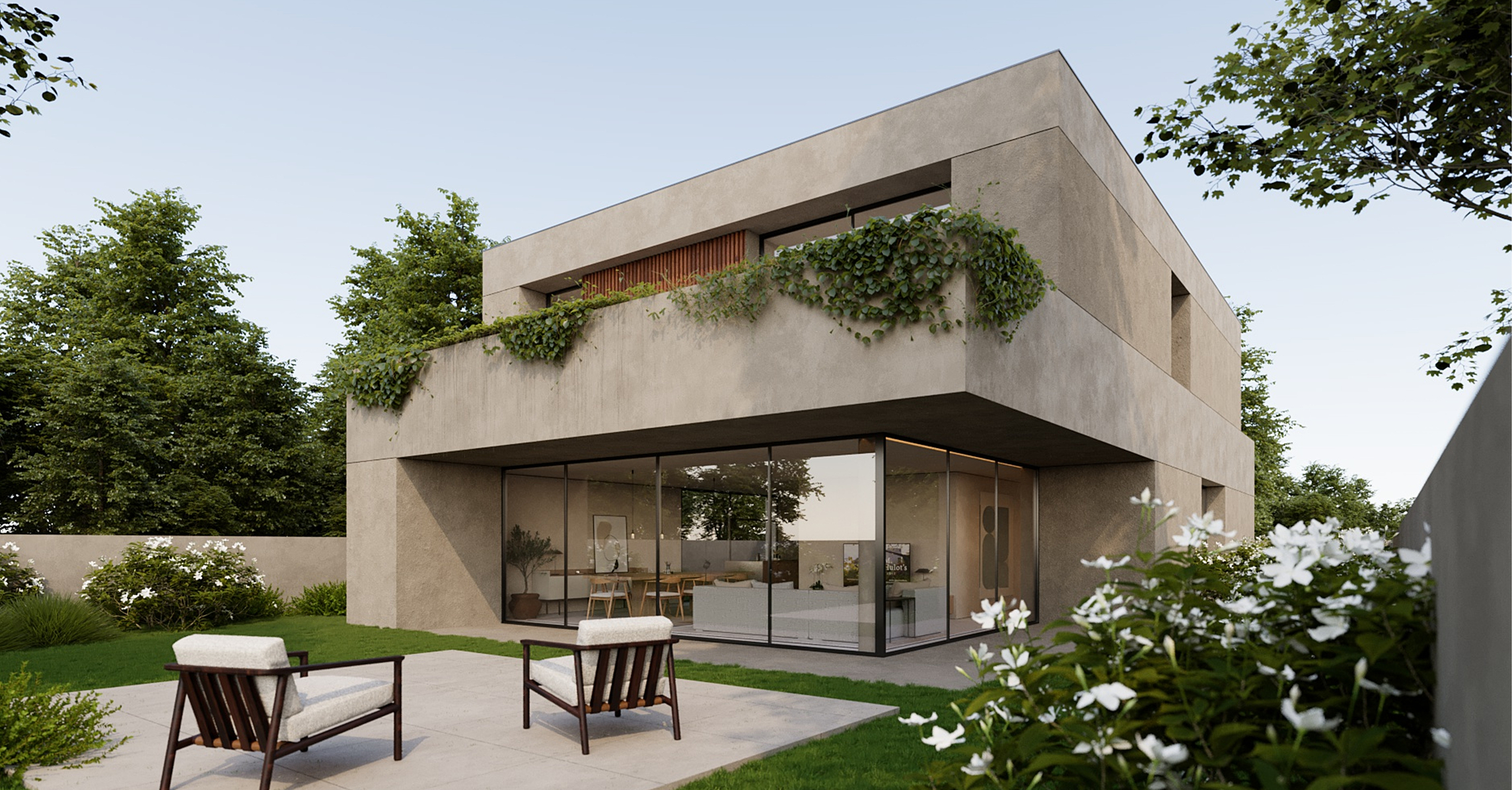 Render of Avanca House in Aveiro, a light-coloured upper volume with trailing plants over a glazed ground floor