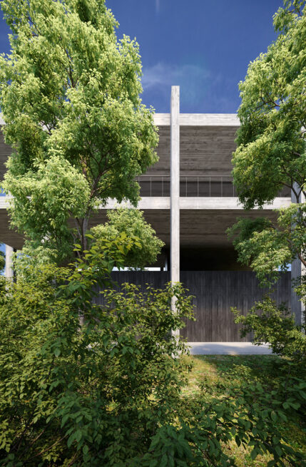 CC House, Marco de Canaveses: render of the house framed by trees, its horizontal slabs and slender column seen from the garden