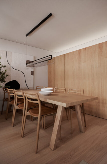 Moledo Apartment, Viana do Castelo: render of the dining table and chairs set against the tall warm-toned panelled wall