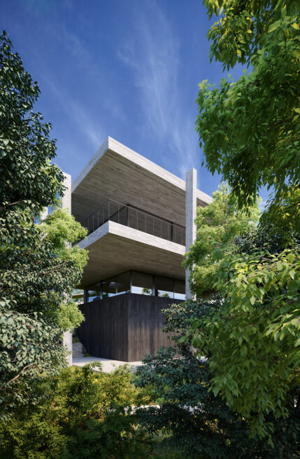 CC House, Marco de Canaveses: low render of the stacked floor slabs projecting from the hillside, seen through dense foliage