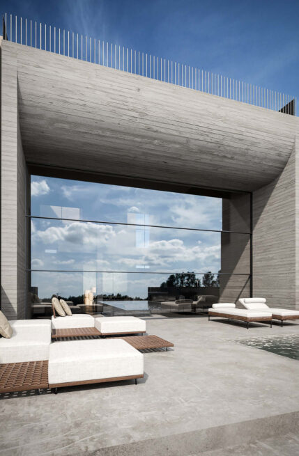Areal House, Matosinhos: render of a large framed opening in the grey facade looking out to the sky, loungers on the terrace