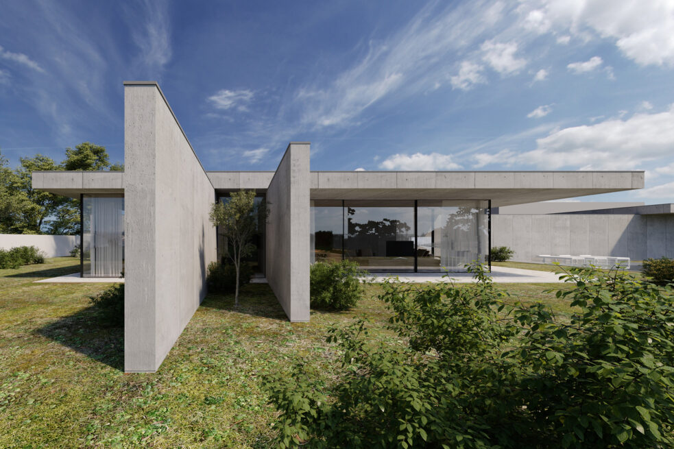 FH House, Esmoriz, Ovar: render of freestanding grey wall blades in the garden, the glazed house behind them