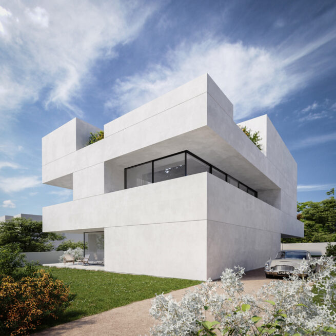 ST House, Santo Tirso: render of the white volumes overlapping at different levels, a glazed band set into the upper floor