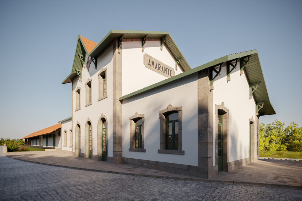 Amarante Train Station: render of the restored station building in Amarante, white walls, green trim and decorative eaves