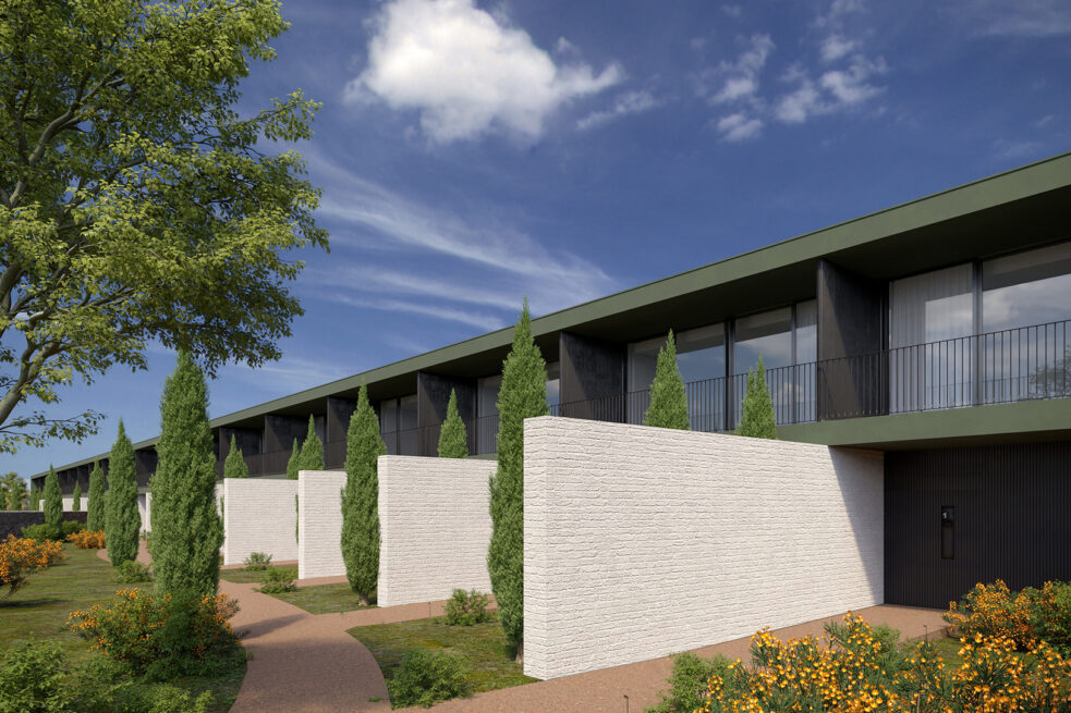 Vila do Conde Houses: render of the row of houses with green-edged upper floors and light walls dividing the entrances