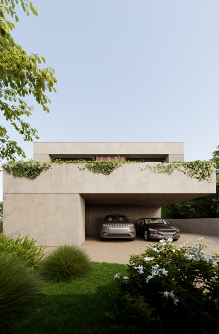 Avanca House, Avanca, Aveiro: render of the street front with two cars sheltered beneath the overhanging upper floor