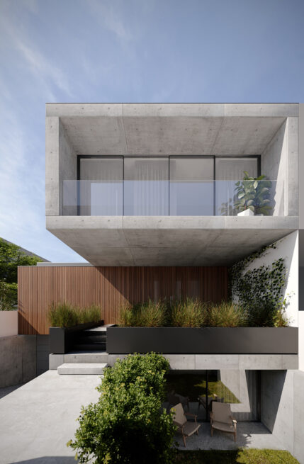 Chieiras House, Vila Nova de Gaia: frontal render of the cantilevered grey upper floor over a planted terrace and the garage entrance
