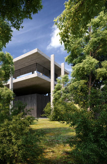Cantilevered upper floors of CC House in Marco de Canaveses rising above the trees in a vertical garden view