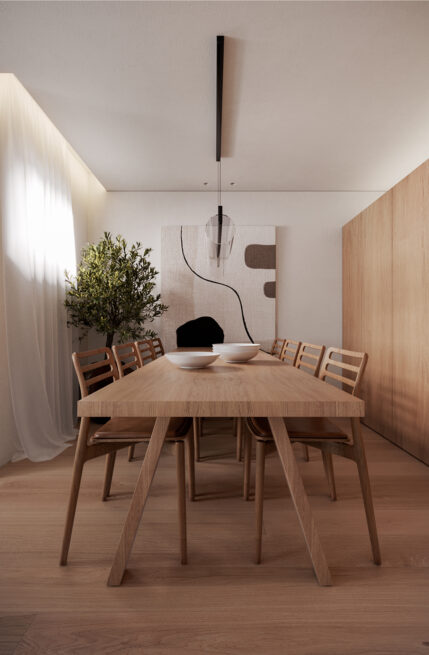 Moledo Apartment, Viana do Castelo: render looking down the dining table toward a wall artwork, a small tree and curtains