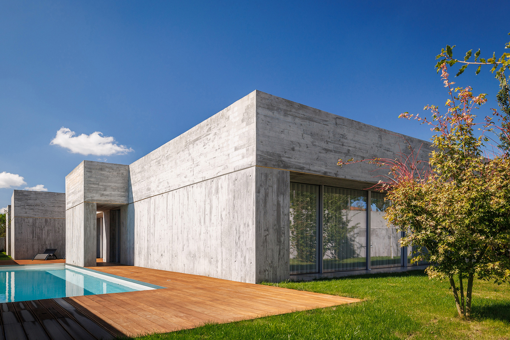 FS House, Paços de Ferreira: garden view of the house with the pool, deck and a tree with red leaves in the corner