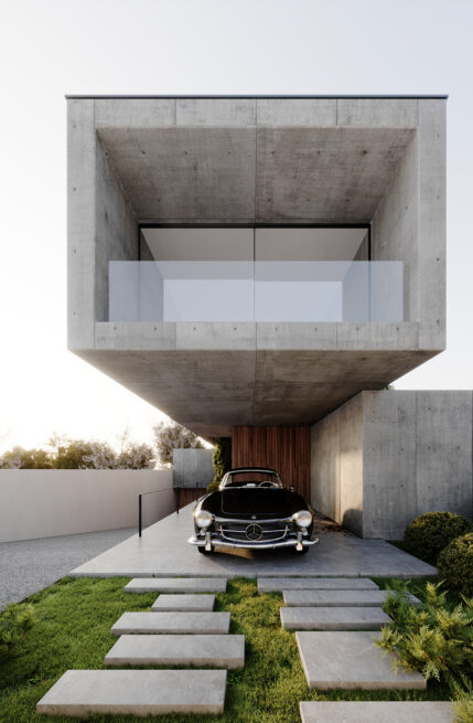 Paranhos House, Porto: render of the projecting upper volume framing a glazed balcony above a parked classic car and stepping stones