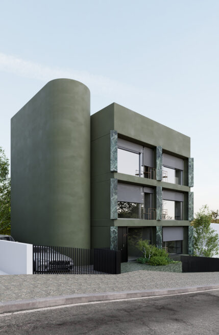 Guest House 207, Paredes: street render of the green volume with its curved stair tower beside a grid of recessed windows