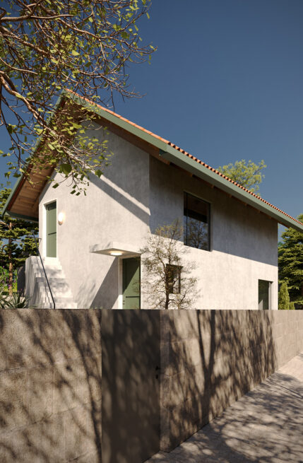Nogueira Rural Tourism, Lousada: render of the gabled house rising above a low wall, a small stair leading to the green side door