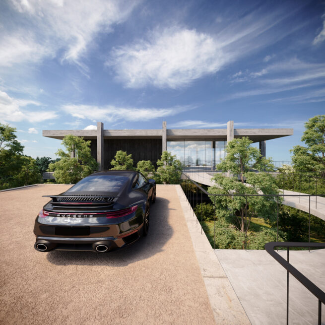 CC House, Marco de Canaveses: render of the arrival court with a parked car in front of the house, its horizontal slabs among trees