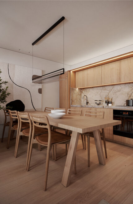 Moledo Apartment, Viana do Castelo: render of the dining area with the kitchen run and its lit backsplash behind the table