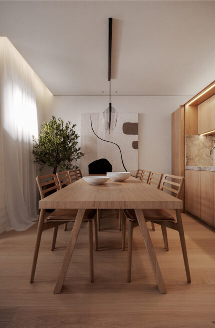 Moledo Apartment, Viana do Castelo: render of the dining table from its end, with the kitchen worktop visible on the right