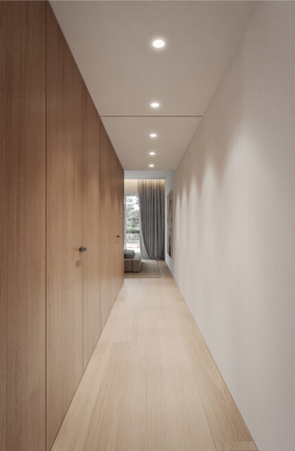 Moledo Apartment, Viana do Castelo: render of a corridor lined on one side by flush panelled doors, leading to a window