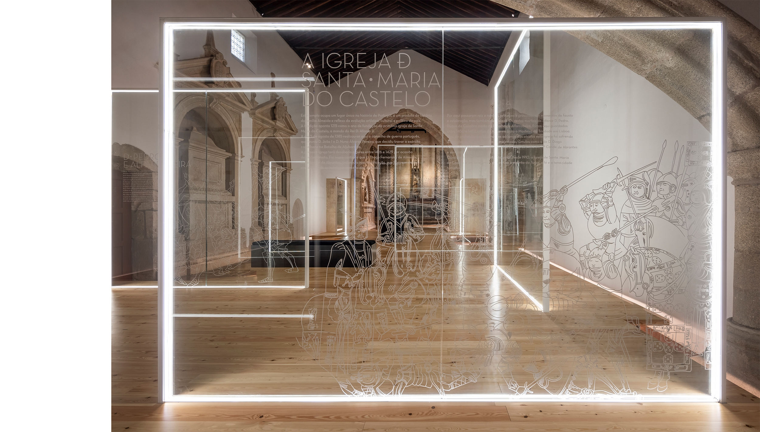 Panteão dos Almeida, Abrantes: engraved glass frames overlapping inside the church, their light lines reflected on the floor