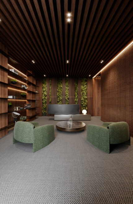 23LCC, Vila Nova de Gaia: render of the reception lounge under a slatted dark ceiling, armchairs around a round table