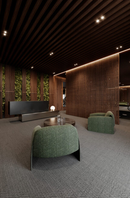 23LCC, Vila Nova de Gaia: lounge visualisation with a green armchair before the reception counter and a wood-panelled wall