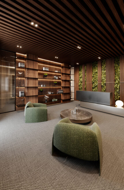 Render of the waiting area of 23LCC in Vila Nova de Gaia, shelves with warm light along the wall and a vertical garden