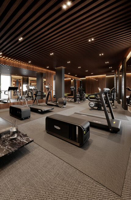 23LCC, Vila Nova de Gaia: gym render with treadmills and training machines beneath a dark slatted ceiling