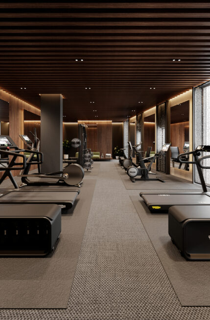 23LCC, Vila Nova de Gaia: render of rows of cardio machines along a carpeted floor between dark columns