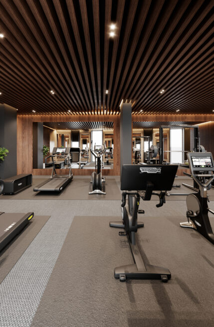 23LCC, Vila Nova de Gaia: training area visualisation with an exercise bike and mirrored wall at the far end
