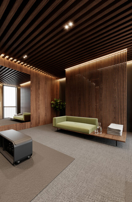 23LCC, Vila Nova de Gaia: render of a rest corner with a green sofa beside a perforated wooden screen