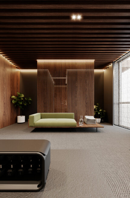 23LCC, Vila Nova de Gaia: render of a quiet seating niche with a green sofa, plants and a backlit wooden screen