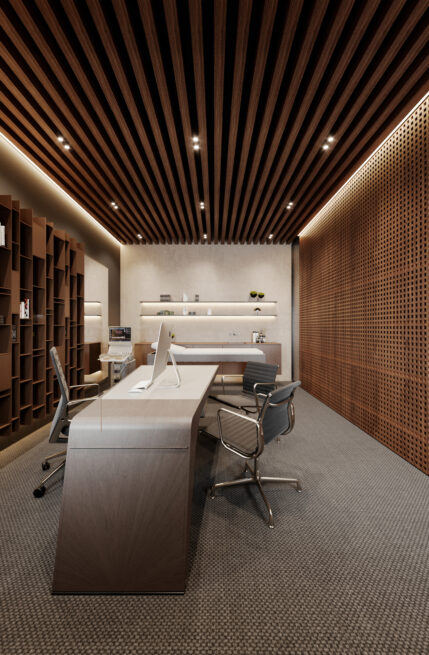Office render at 23LCC in Vila Nova de Gaia with a sculptural desk, mesh chairs and a padded table at the back