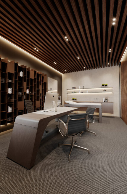 23LCC, Vila Nova de Gaia: render of the consultation room with a wooden desk, shelving wall and soft indirect lighting