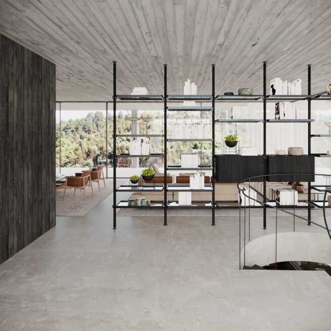 CC House, Marco de Canaveses: open shelving dividing the living space, with a dark wall and spiral staircase on a grey floor